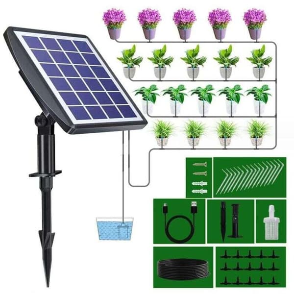 Automatic Solar Irrigation System with Drip Irrigation Kit and Timer, suitable for balconies, terraces, and gardens.