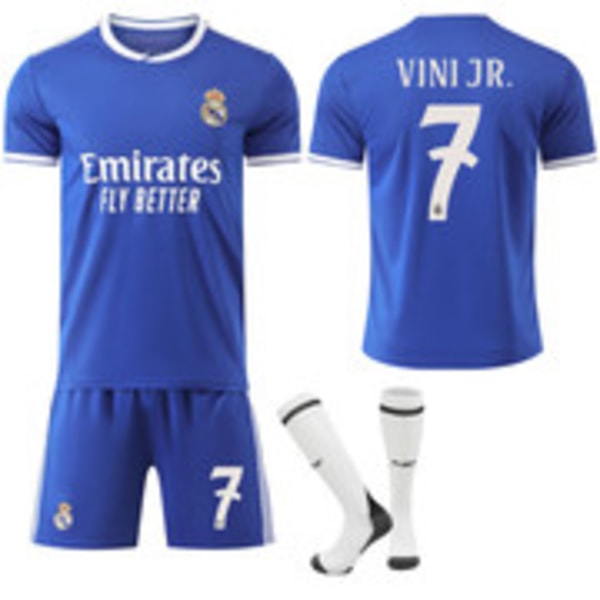 2025-2026 Real Madrid Udebanetrøje Blå Børn & Voksen Fodboldtrøje med Strømper No.7 VINI JR No.7 VINI JR 28 No.7 VINI JR