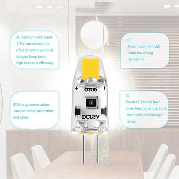 Six G4 LED bulbs, 12V DC dimmable COB LED G4 bulbs, 1.5W, 360° beam angle, can replace a 15W halogen bulb (warm white light).