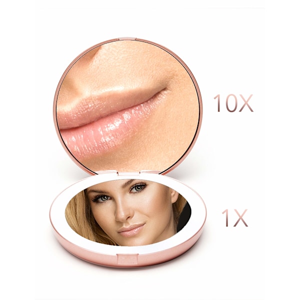 Kompakt sminkspegel för handväska, 1X/10X förstoring - Naturligt dagsljus LED, Resestorlek, Bärbar, Stor 127mm bred upplyst spegel, Roséguld Pink