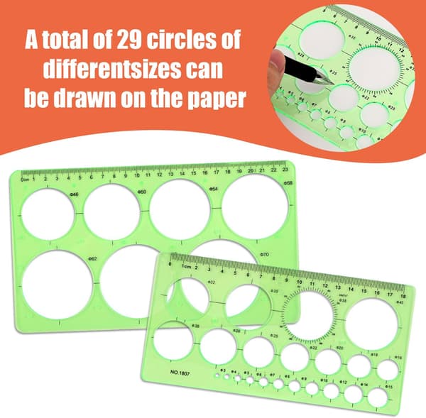 2-piece set of round ruler templates, round plastic templates for drawing geometric circles, round drawing tools with 29 round patterns.