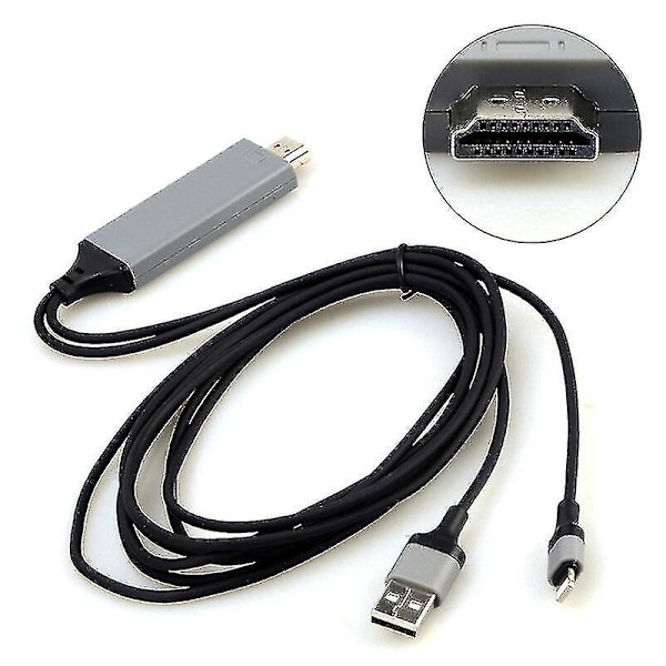 Lightning til HDMI-kabel til iPhone iPad Skærm TV HD-adapter USB-oplader 2m