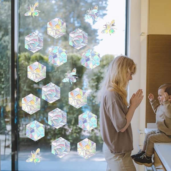 16-piece Window Stickers/Anti-Collision Stickers with Rainbow Light Catcher (Suitable for Birds)