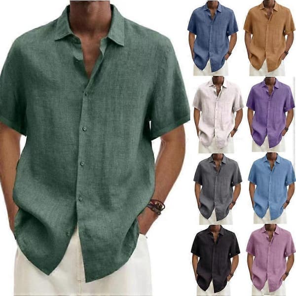 Sommerskjorte, krage, button-down-modell, bomulls- og linblanding, ensfarget herretopp, lyseblå. light blue S