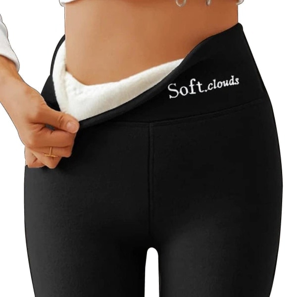 Dam Vinter Sherpa Fleecefodrade Leggings Termiska Varma Byxor Stretchy Tjock Mjuk Svart L