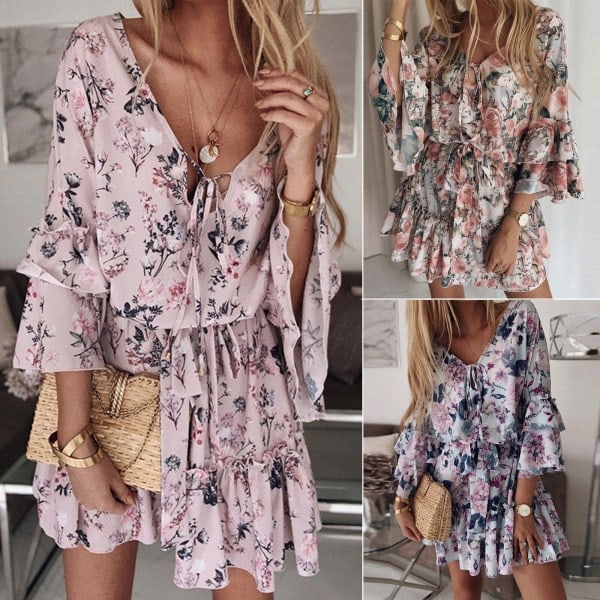 Dam Boho Miniklänning Blommig Sommarklänning Tunika Fritidsklänning Skaterklänning, Rosa, XL
