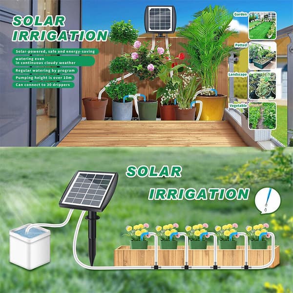 Automatic Solar Irrigation System with Drip Irrigation Kit and Timer, suitable for balconies, terraces, and gardens.