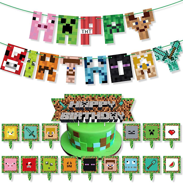 Minecraft-teemainen lastenjuhlien koristelutarvikesetti ilmapalloilla, bannerilla ja kakkukoristeilla (FMY)