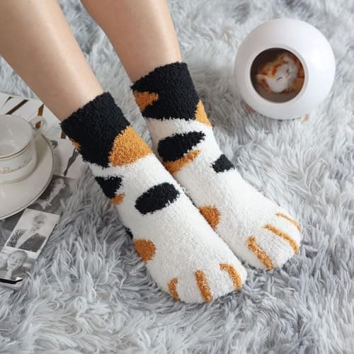 Bløde senge strømper til kvinder/piger 5/6 par, varme uld Halloween strømper, komfortable og fluffy Valentinsdag strømper Brown Cat