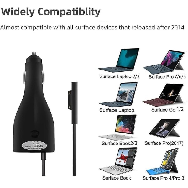 Surface Pro Billaddare för Bil, 42w 12v 2.58a Ström för Microsoft Surface Pro 3 Pro 4 Pro 5 Pro 6 Surface Go