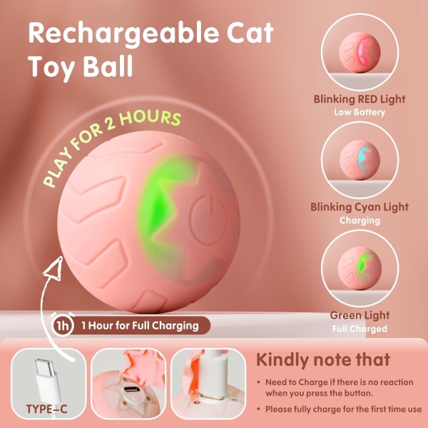 Ocean Interactive Cat Toy Automatisk Rolling Smart Cat Ball, Rosa,