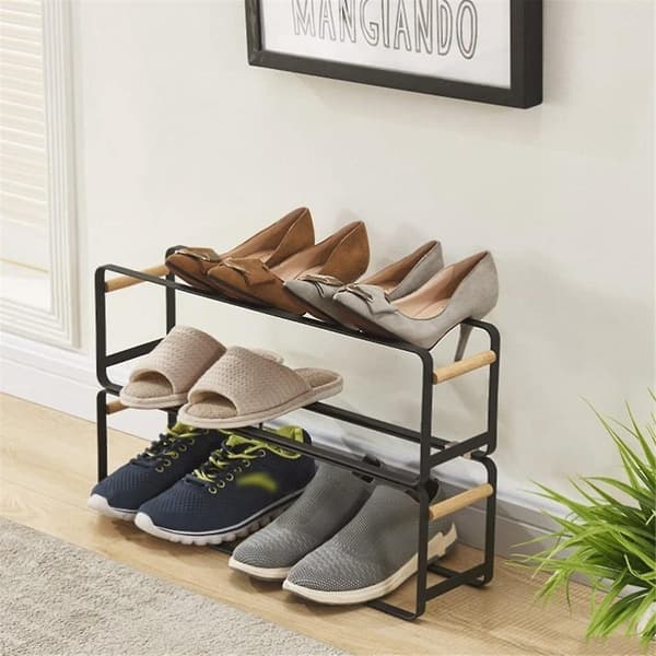 Double Layer Shoe Rack, Small Stackable Wooden Shoe Shelf, Suitable for Closets, Dimensions: 52.8 x 14 x 16.3 cm