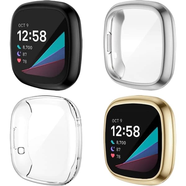 Four-pack protective cases, compatible with Fitbit Sense / Versa 3, with soft TPU-coated edges for full protection.