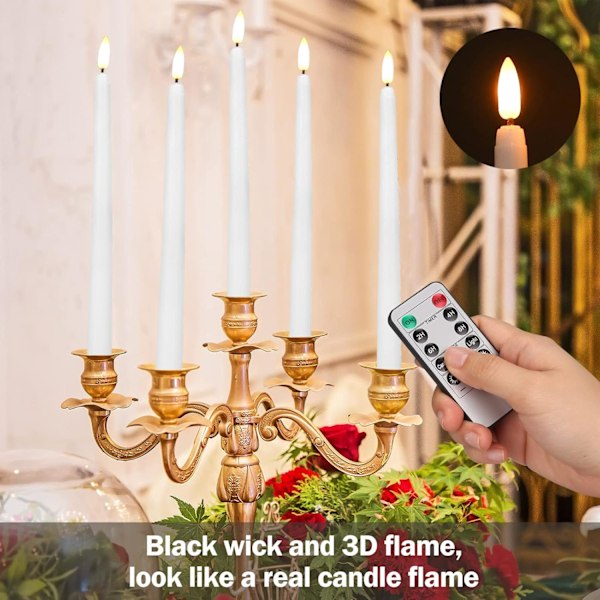 Teynewer LED-ljus, flamlösa, spetsiga, flimmerande, 6-pack med 10-knappars fjärrkontroll, batteridrivna, 28 cm långa, varmvita