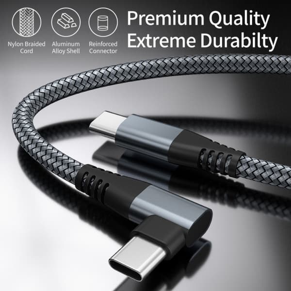 USB-C-lader med rettvinklet kontakt, støtter 60W hurtiglading, grå, 3 meter lang.