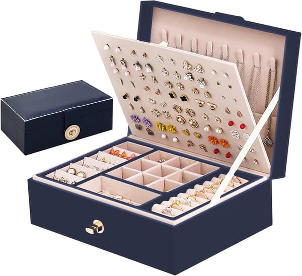 Women's Jewelry Box, Two-Layer Large Capacity Stackable Jewelry Storage Box with Lock, PU Leather Material and a Removable Tray.