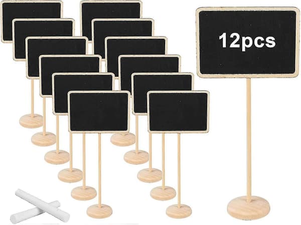 Mini griffeltavlor med stativ, 12-pack. Matetiketter i trä, bordsnummerkort, prislappar, partyskyltar, matbar/caféställ för bufféer.