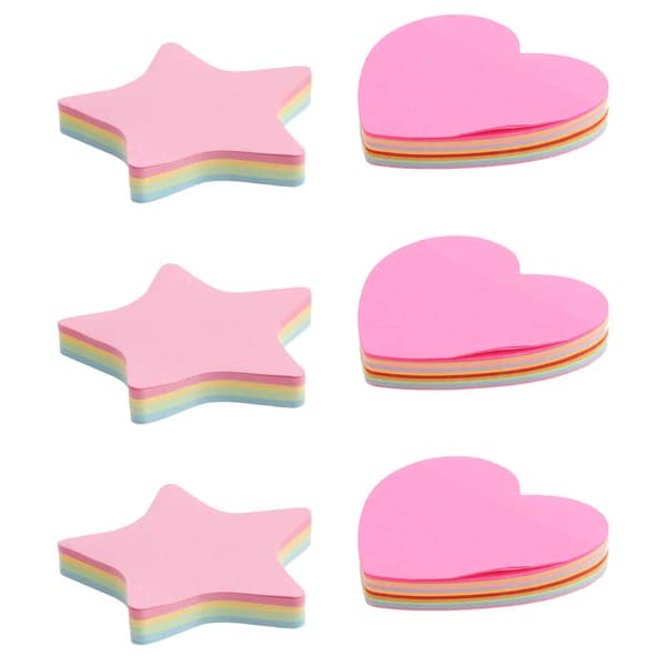 600 sticky notes, inklusive stjerneformede og hjerteformede sticky notes, otte farver og små sticky notes.