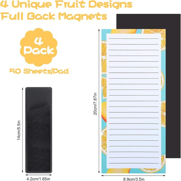 4-pack Magnetic Notepads, Suitable for Office - 200 Fruit Patterned Shopping Lists, with Pen Holder, Strong Magnetic Refrigerator Magnets. Fruit 1