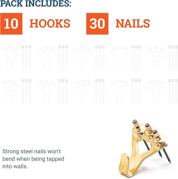Heavy Duty Hooks, up to 45 kg - 10 Hooks per Pack, Including Nails | Hooks Suitable for Drywall and Mirrors