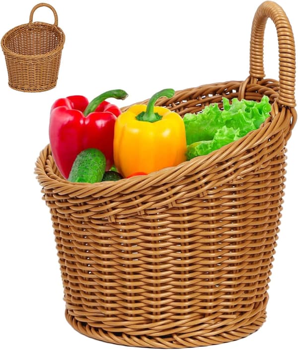 Hanging Baskets with Handles, Suspended Storage Baskets, Hanging Storage Bags, Wall-Mounted Woven Baskets Round