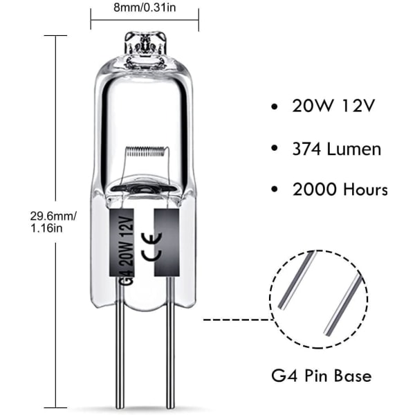 G4 halogenpærer 20W 12V - Varmt hvid - 10-pak 20W 20W 20W 10pcs