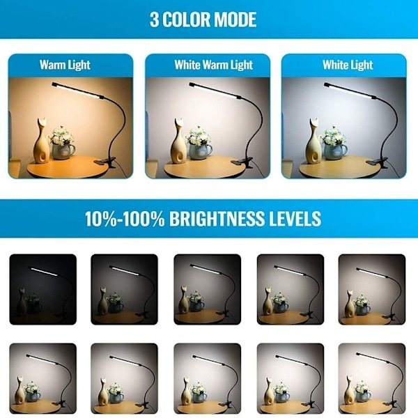 Skrivbordslampa USB-klämma Lampa VIT white
