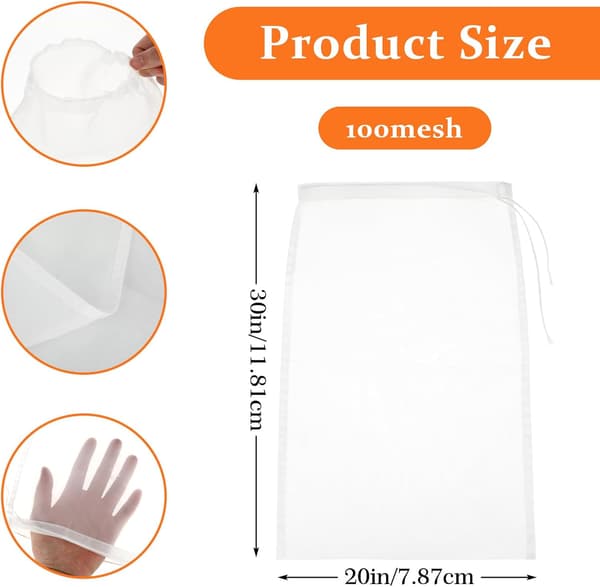 4 (100 mesh) nylon nøddemælksposer, 30 x 20 cm finmasket ostepose