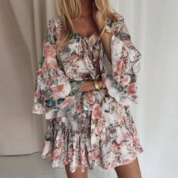 Dam Boho Miniklänning Blommig Sommarklänning Tunika Fritidsklänning Skaterklänning, Rosa, XL