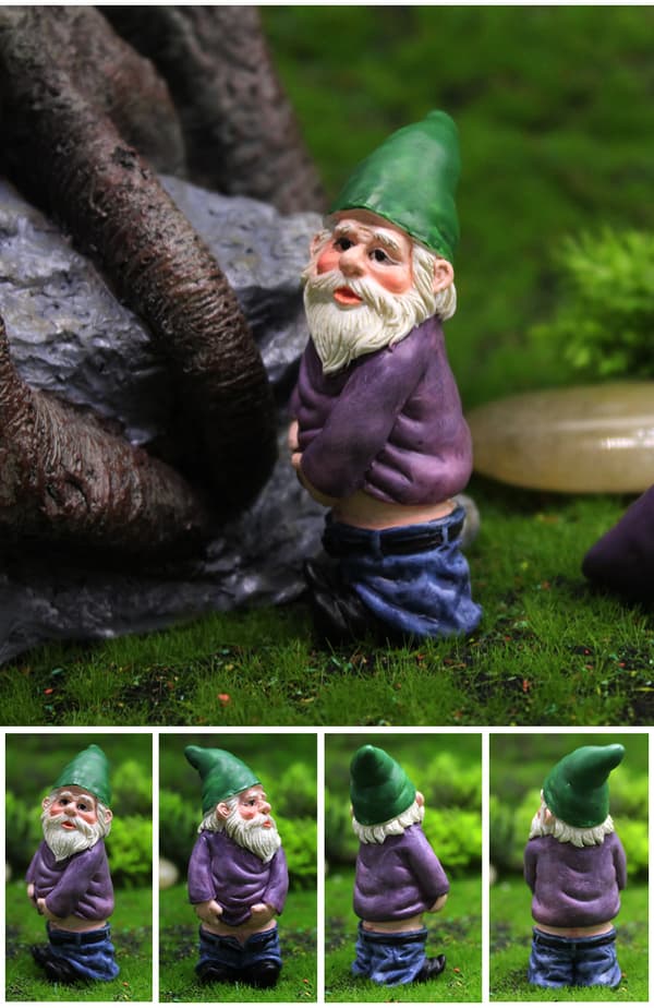 Et sæt med fire finurlige havenissefigurer, havepynt, eventyrhave tilbehør, miniaturepynt.