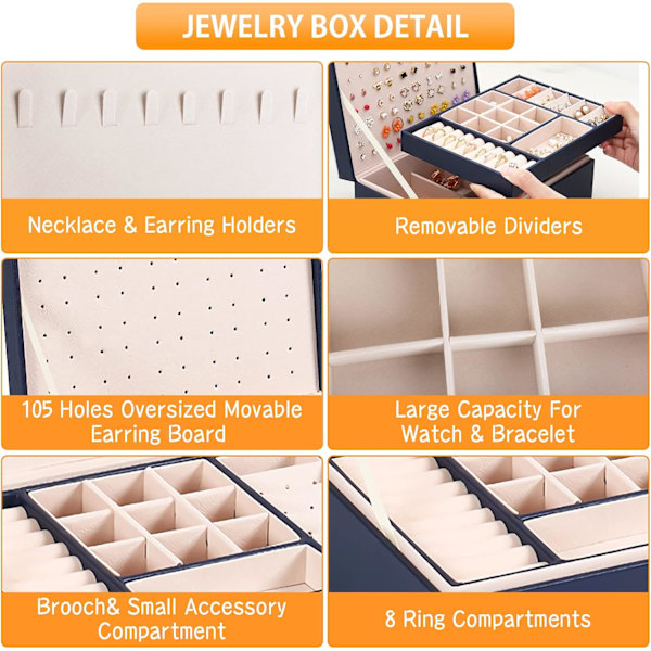 Women's Jewelry Box, Two-Layer Large Capacity Stackable Jewelry Storage Box with Lock, PU Leather Material and a Removable Tray.