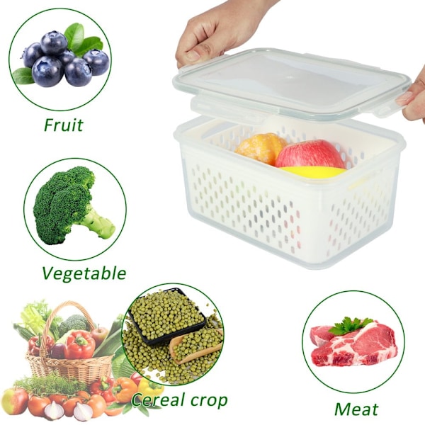 3-pack kylskåpsbehållare för fruktförvaring, grönsaksbehållare med sil, kylskåpsorganisatör för sallad och bär (vit)