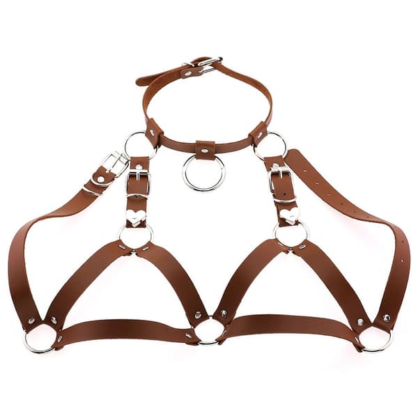 Punk-inspired bra without cups, linen, breast-supporting bra chain, leather bra straps Light brown
