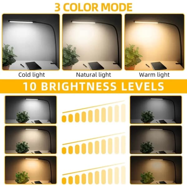 Home/Office Desk Lamp, Dimmable Gooseneck Clamp Lamp, Touch Control, Adjustable Desk Light, Suitable for Work Areas (Black).