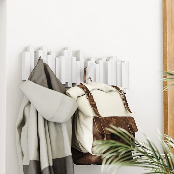 Wall Mounted Coat Rack with 8 Foldable Hooks, White, 53 x 20 x 3 cm
