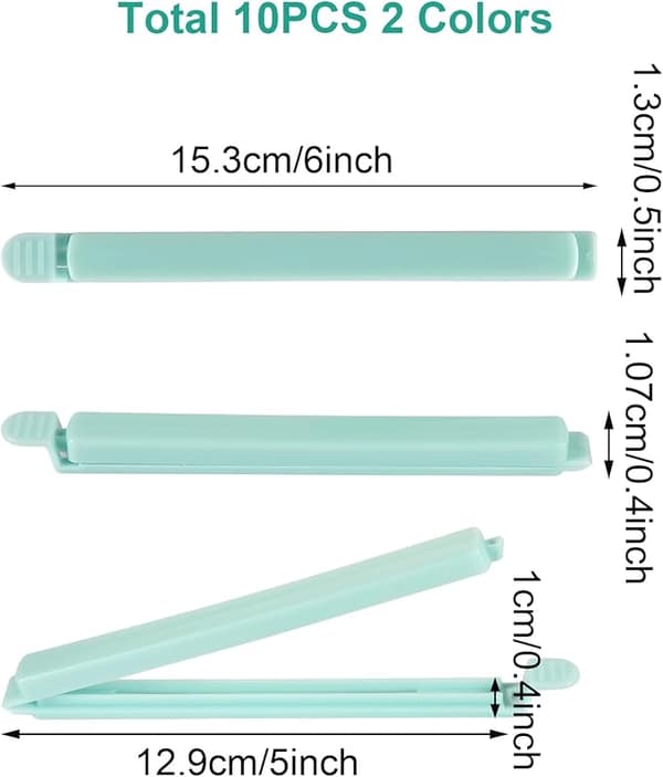 Förpackning med 10 matpåseklämmor, 15,5 cm (rosa + blå), stora matpåseklämmor