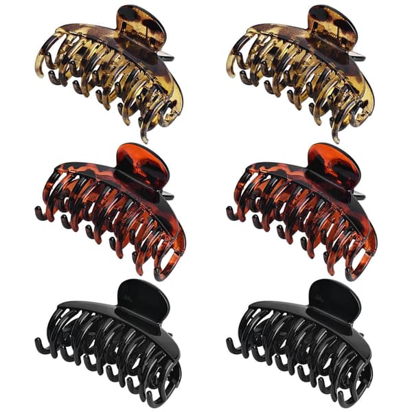 6-pack 6,5 cm hårklämmor med dubbla tänder, sköldpaddsmönstrade plasthårklämmor, universalstorlek Black/Brown/Leopard
