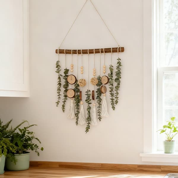 Boho Makramee Eukalyptus Seinäkoriste, 42cm Pitkä Käsintehty Seinätaide Puuviipale-tupsuilla