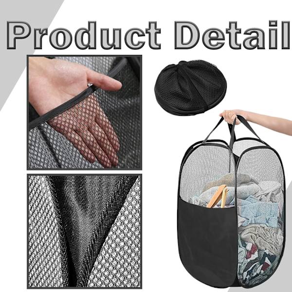 Large Foldable Mesh Laundry Hamper with Side Pockets, Pop-Up Laundry Basket with Handles