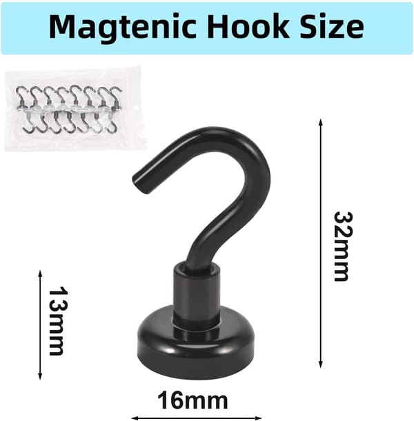 Magnetisk krog, 10 neodymmagneter, 16 mm stærk magnetisk krog, super stærk magnet med krog (sort)
