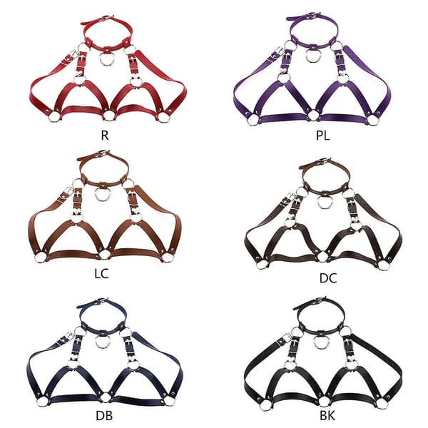 Punk-inspired bra without cups, linen, breast-supporting bra chain, leather bra straps Light brown