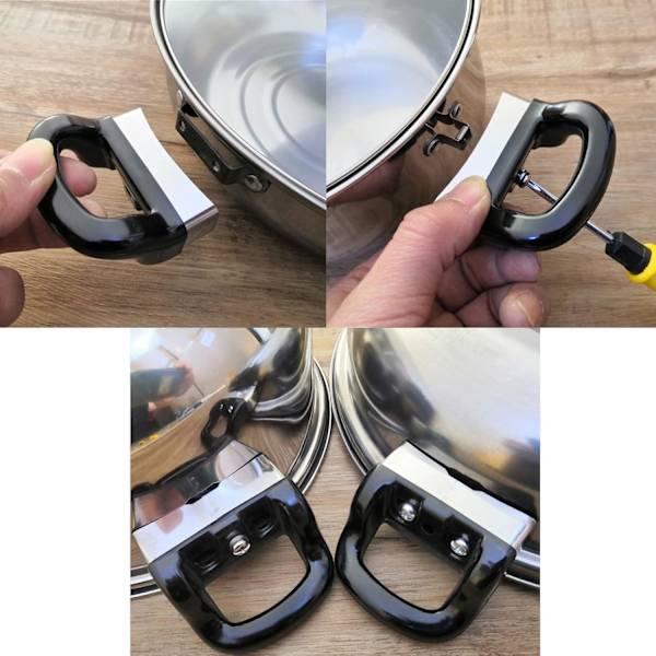 Replacement handle for pots, pans, pressure cookers and other kitchen utensils.