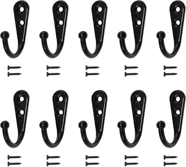 10 Black Wall Hooks/Black Coat Hangers with Single Hook and Mounting Screws