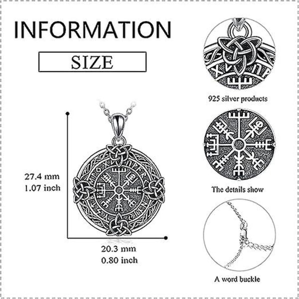 Viking Kompass Halsband Sterling Silver Oxiderad Keltisk Knut Runor Vegvisir Hänge Halsband Nordisk Amulett Hedniska Smycken Gåvor För Män Kvinnor