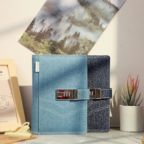 Denim Journal med Lås til Kvinder, Genopfyldelig Låsbar Journal til Voksne B6 Notesbog med Låsekombination, 14 x 20 cm, Blå