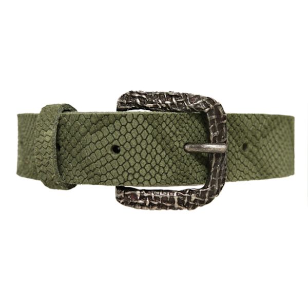 Grönt 25mm croccomönstrat damskärp i kalvläder 85 cm (midjemått)