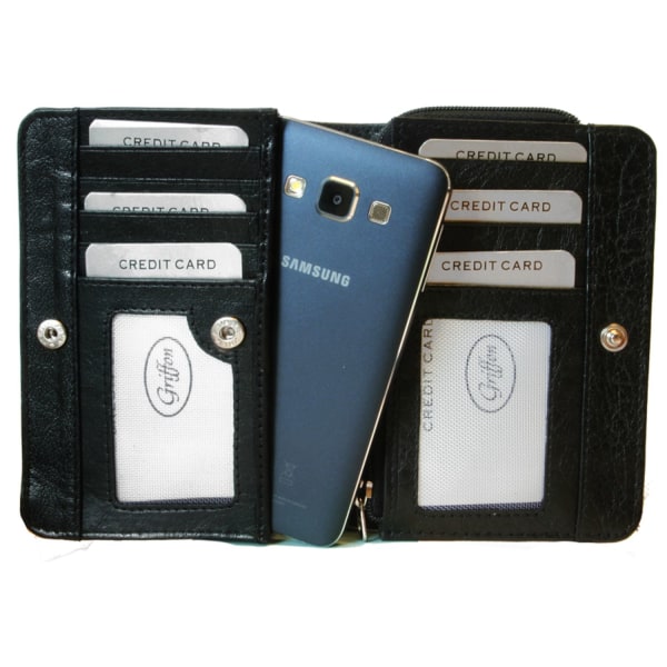Svart mobilplånbok med mobilfack i oxläder