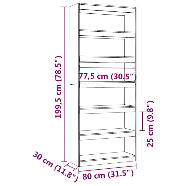 vidaXL Bokhylla/Rumsavdelare 80x30x199,5 cm massiv furu Brun