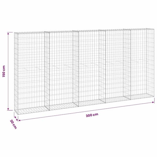 vidaXL Gabionmur galvaniserat stål 300x30x150 cm Silver