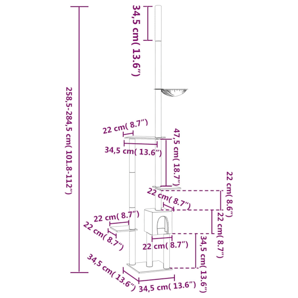 vidaXL Golv-till-tak klösträd ljusgrå 258,5-284,5 cm Grå
